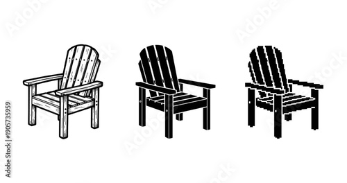 Adirondack chair designs: wooden, silhouette, pixel art variations