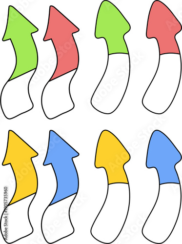 カラフルな上向き矢印の手描き風セットイラスト、成長や進歩を視覚的に伝える説明資料向けナビゲーション素材
