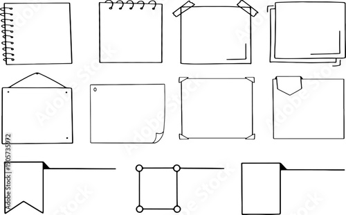 手描き風のノートや付箋や用紙フレームを集めた線画イラストセット、メモや説明枠として使いやすいシンプルなデザイン素材