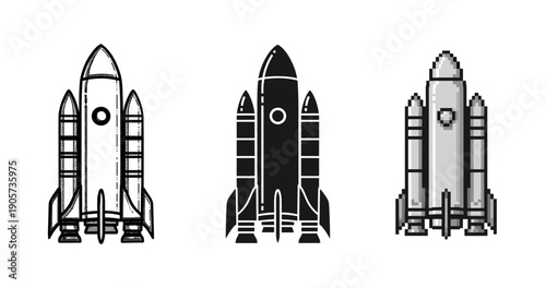 Three rocketship icons: line art, solid black, pixelated on white background