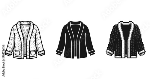 Three styles of cardigans: hand-drawn, silhouette, pixel art