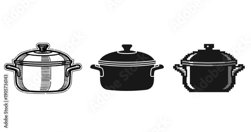 Triple style cooking pots: sketch, solid, pixel art designs side by side