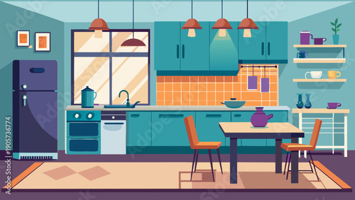 Modern kitchen with blue accents and wooden dining area isolated on white background, Vector