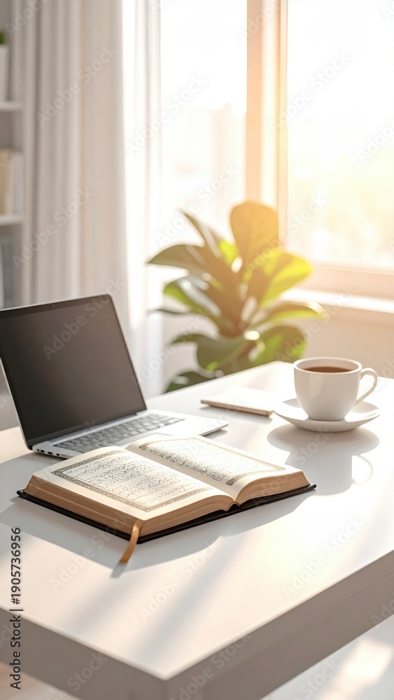 custom made wallpaper toronto digitalBrightly Lit Desk With Open Book Laptop and Coffee Cup Bathed in Warm Sunlight