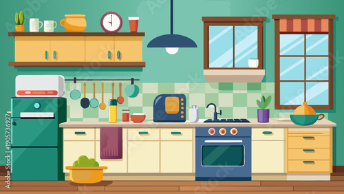 A colorful and modern kitchen equipped with essential appliances and decor isolated on white background, Vector