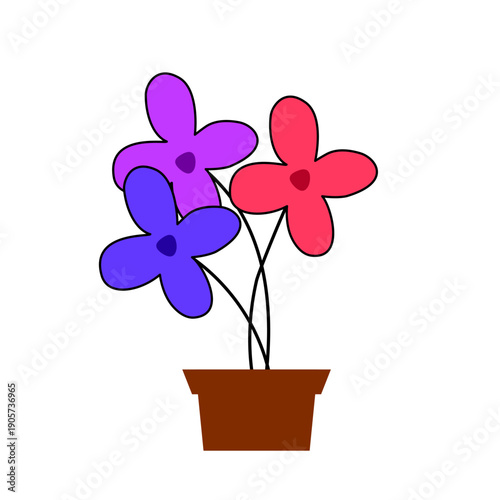 Colorful flower vector design with brown pot. Potted plant illustration.