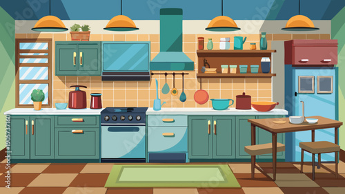 Vibrant kitchen and dining area with colorful appliances and furniture isolated on white background, Vector