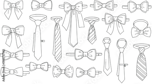 Bow tie and necktie collection, minimalist line art fashion accessories set, formal wear ribbon and tie illustrations isolated on white