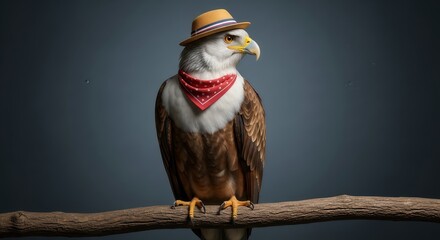 American bald eagle wearing a cowboy hat and red bandana on a branch