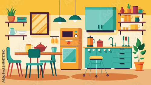 A colorful illustration of a modern and cozy home office and kitchenette setup isolated on white background, Vector