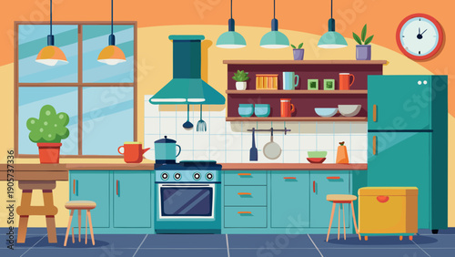 A vibrant cartoon kitchen filled with modern appliances and colorful decor isolated on white background, Vector