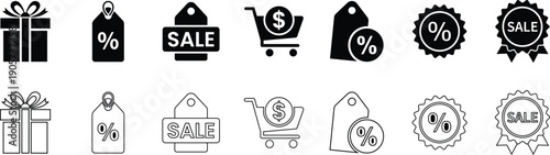Black and white of gift box sale tags shopping cart and percentage signs