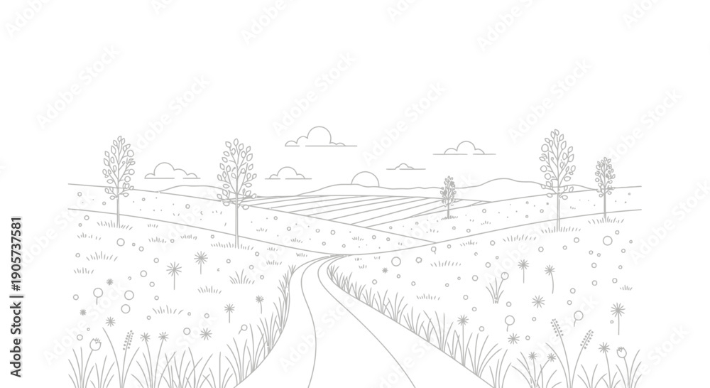Fototapeta premium Simple Line Drawing of Rural Landscape Scene.