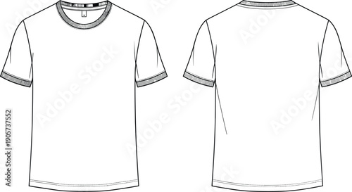 Crew neck t-shirt technical fashion illustration front and back view, short sleeve basic tee flat sketch for apparel design