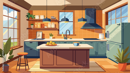 Modern kitchen with wooden cabinets and bright natural lighting by the window isolated on white background, Vector