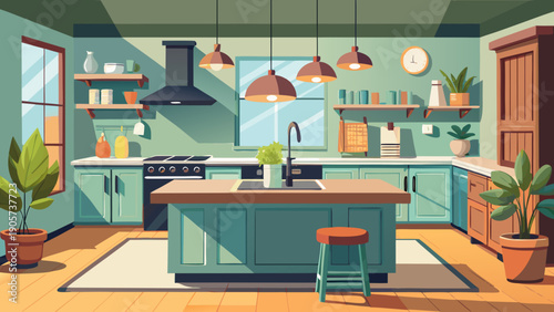 Modern kitchen with vibrant decor and cozy atmosphere for family gatherings isolated on white background, Vector