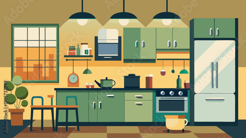 Modern kitchen with open shelving and vibrant green accents isolated on white background, Vector