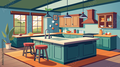 A vibrant kitchen scene showcasing modern design with a cozy and inviting atmosphere. isolated on white background, Vector