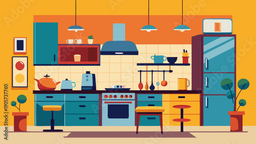 A vibrant and colorful illustration of a modern, well-equipped kitchen space isolated on white background, Vector