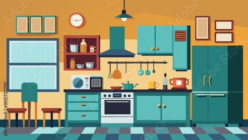 Colorful illustration of a modern urban apartment with diverse residents and appliances isolated on white background, Vector