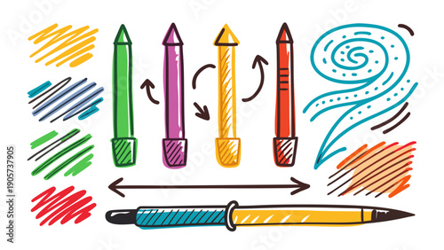 Colorful set of artistic markers and doodles on a white background isolated on white background, Vector