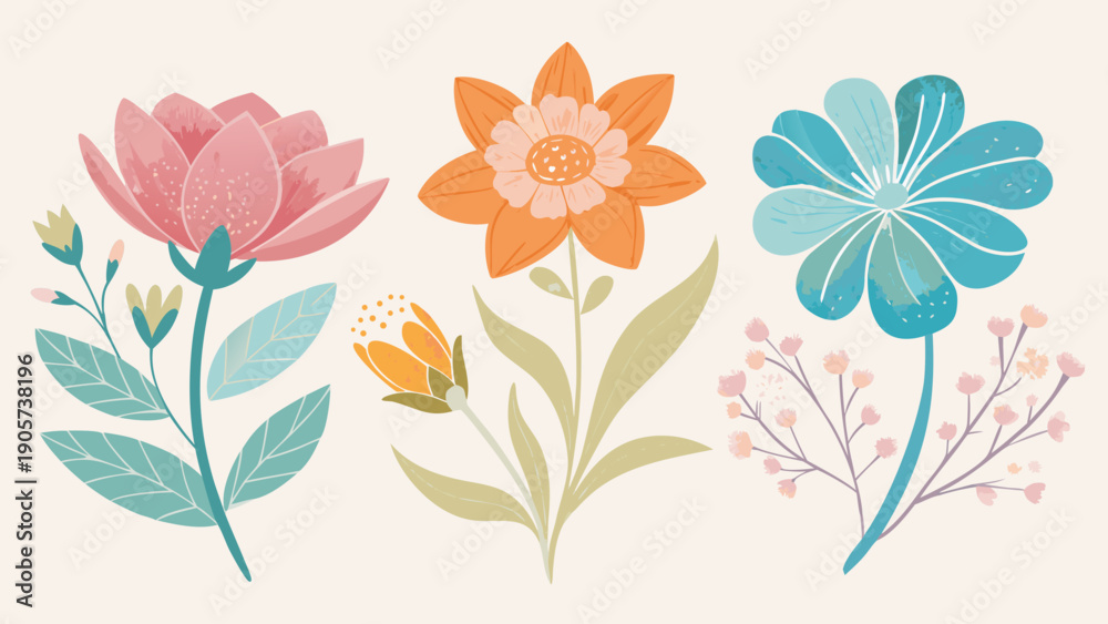 Fototapeta premium A vibrant collection of colorful flowers in a cheerful arrangement isolated on white background, Vector
