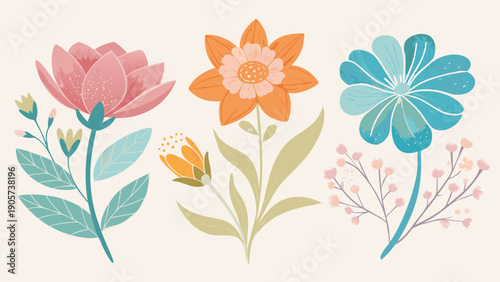 A vibrant collection of colorful flowers in a cheerful arrangement isolated on white background, Vector