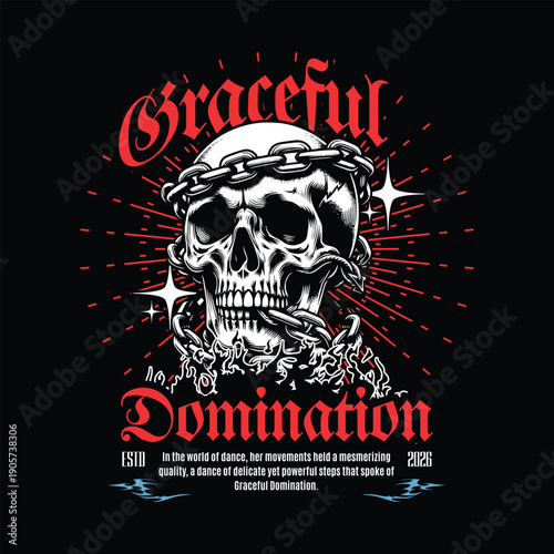 Skull with Chains and Stars, Gothic Typography, Stock Illustration