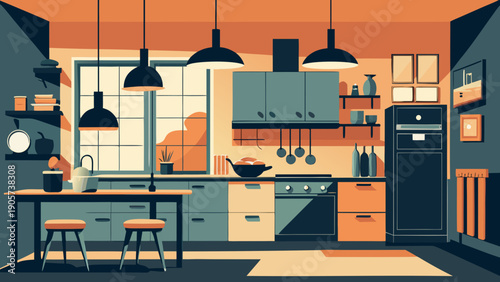 A vibrant kitchen with modern appliances and colorful decor for a cozy cooking space isolated on white background, Vector
