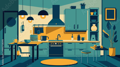 Modern living space with stylish furniture and vibrant decor arrangement isolated on white background, Vector