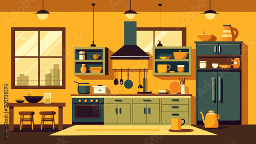 A warm and inviting kitchen scene with wooden cabinets and retro appliances. isolated on white background, Vector