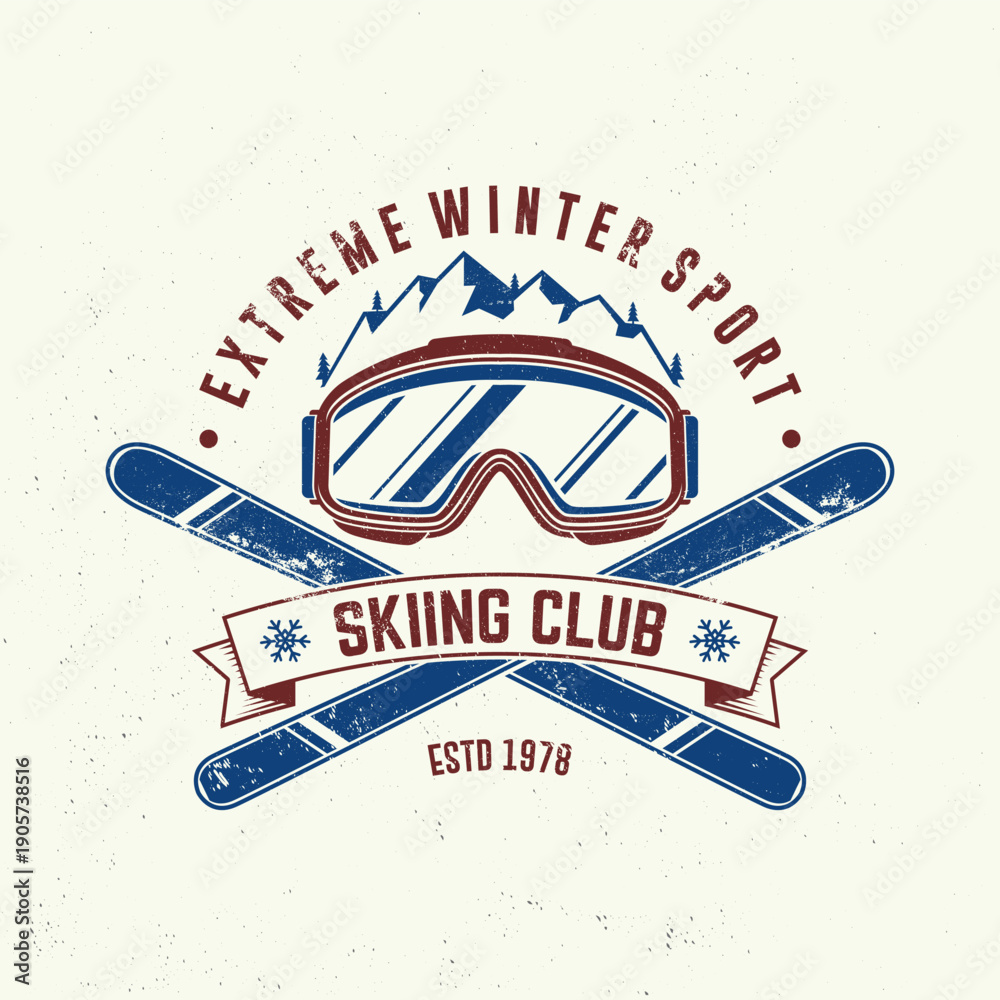 Obraz premium Extreme winter sport. Vector ski club retro badge. Concept for shirt, print, seal or stamp with mountain, ski, ski glasses. Family vacation, activity or travel. For logo design, patches
