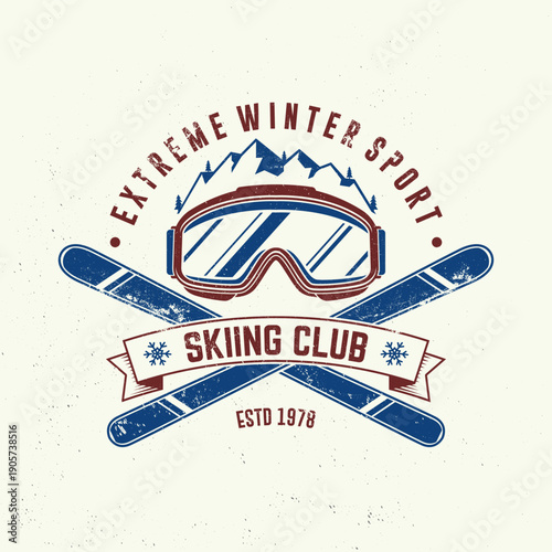Extreme winter sport. Vector ski club retro badge. Concept for shirt, print, seal or stamp with mountain, ski, ski glasses. Family vacation, activity or travel. For logo design, patches