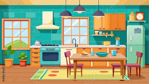 A cozy and colorful modern kitchen with family dining area and appliances. isolated on white background, Vector