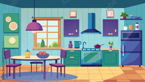 Modern kitchen with blue accents and various appliances ready for cooking and dining isolated on white background, Vector