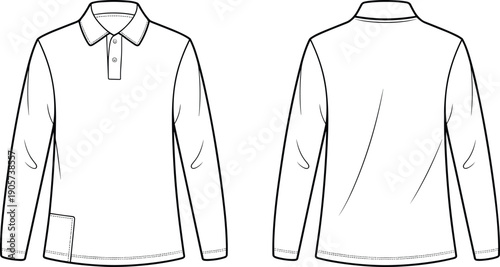 Long sleeve polo shirt technical fashion illustration, front and back view, collared knit top, flat vector design for apparel production
