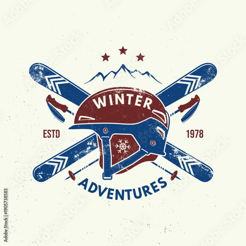 Winter adventures. Vector ski club retro badge. Concept for shirt, print, seal or stamp with skis, ski poles, helmet. Family vacation, activity or travel. For logo design, patches