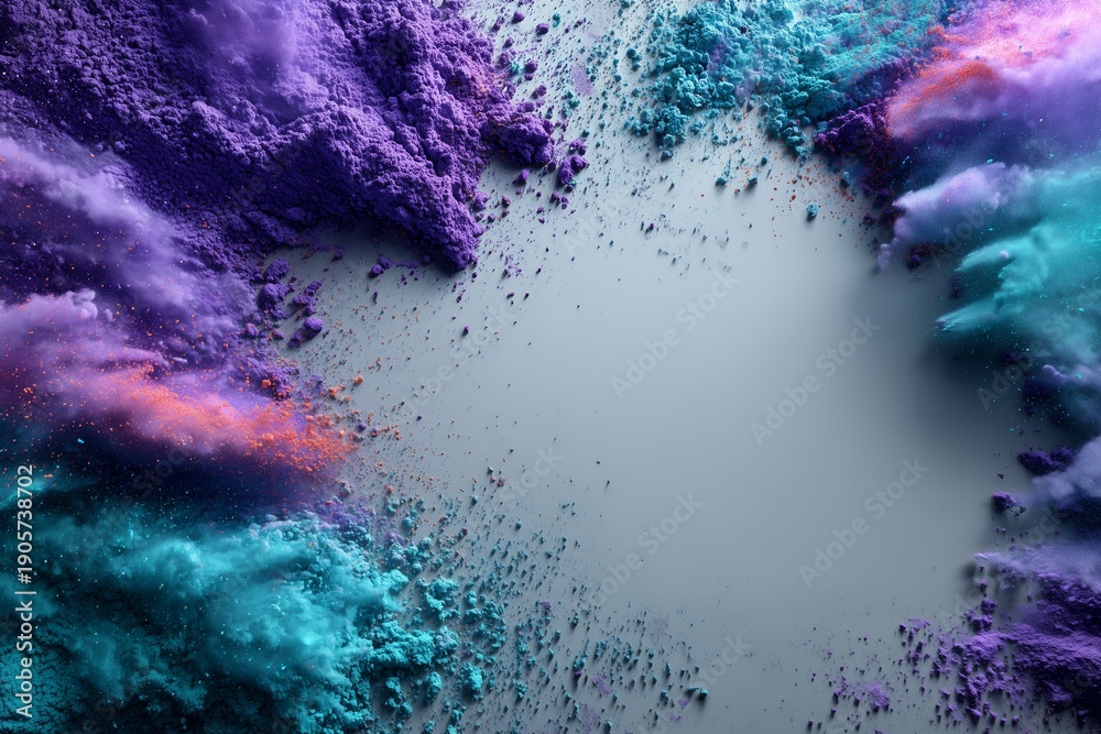 Fototapeta premium Vibrant bursts of Holi powder in a minimalist setting with clean space for text