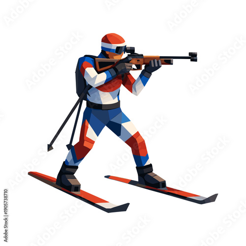 Biathlon race, skier in blue and red jersey, abstract geometric illustration
