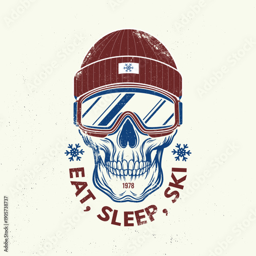 Ear, sleep, ski. Vector retro badge. Concept for shirt, print, seal or stamp with ski glasses, skull skeleton in winter sport hat. Family vacation, activity or travel. For logo design, patches