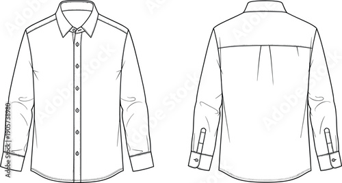 Men long sleeve button shirt front and back view, minimalist line art apparel template, classic formal shirt design isolated on white