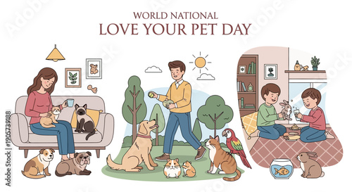 Illustration of a family pampering and playing with their pets on National Love Your Pet Day, showcasing unconditional love and companionship in a cozy home setting with playful dogs and a
