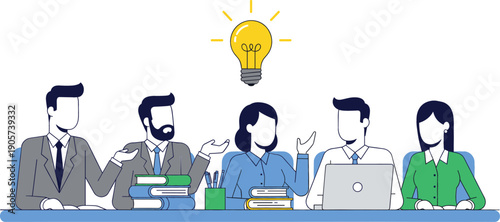 Professional business team having a creative brainstorming meeting at office desk with a glowing light bulb representing a new innovative idea discovery.