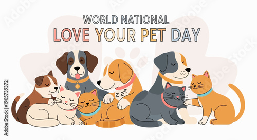 Colorful illustration of dogs and cats with their pets, celebrating National Love Your Pet Day with playful companionship and affection