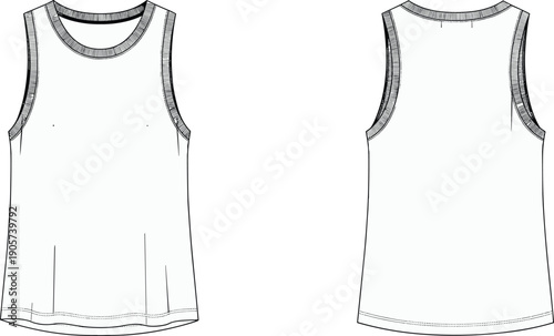 Sleeveless tank top front and back view, minimalist line art apparel template, casual sportswear garment design isolated on white