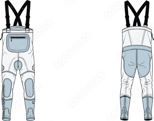Technical bib pants front and back view, minimalist line art apparel template, waterproof workwear trousers design isolated on white