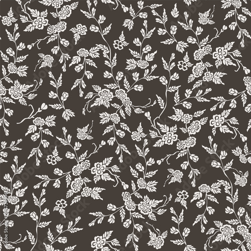 Hand-drawn organic jasmine vines seamless pattern in vintage linocut style for premium sustainable packaging