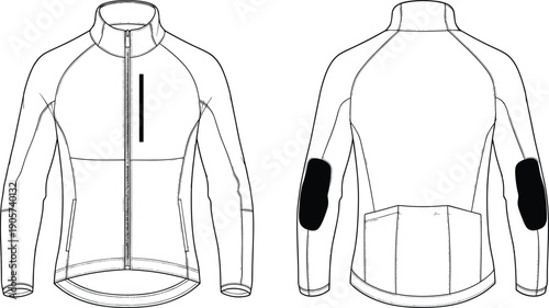 Technical cycling jacket front and back view, minimalist line art apparel template, long sleeve sportswear design isolated on white