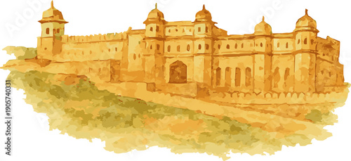 Vector watercolor illustration of an amber fort in india