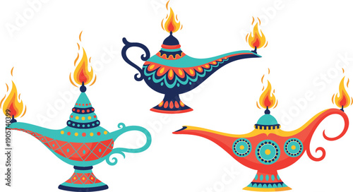 Set of three colorful ornate oil lamps with magical flames, traditional oriental lantern vector illustration for Diwali celebration or fantasy story.